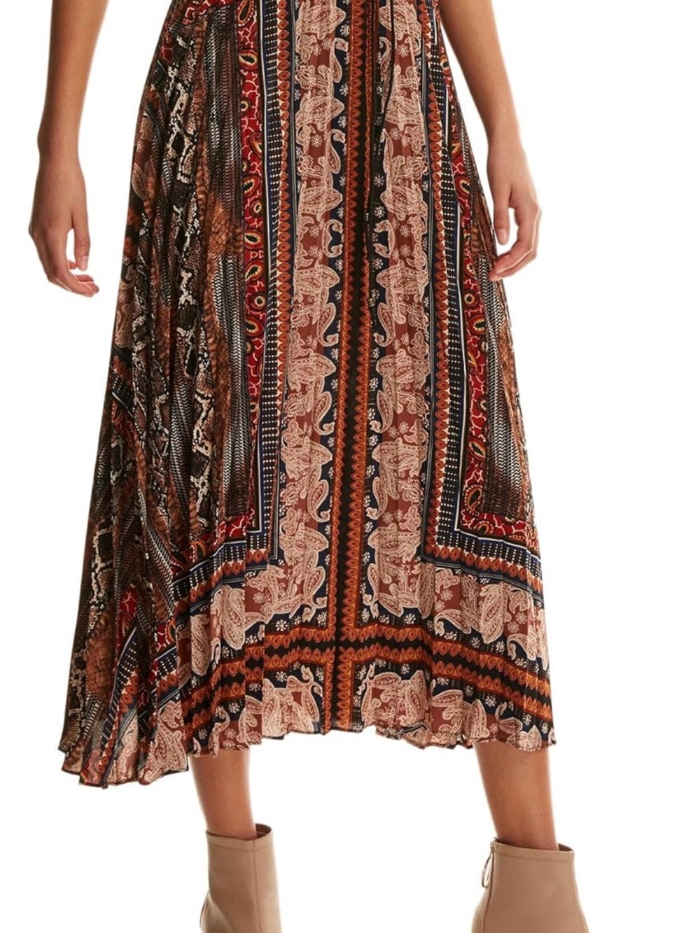 Paisley Print Pleated Midi Skirt in Brown and Rust